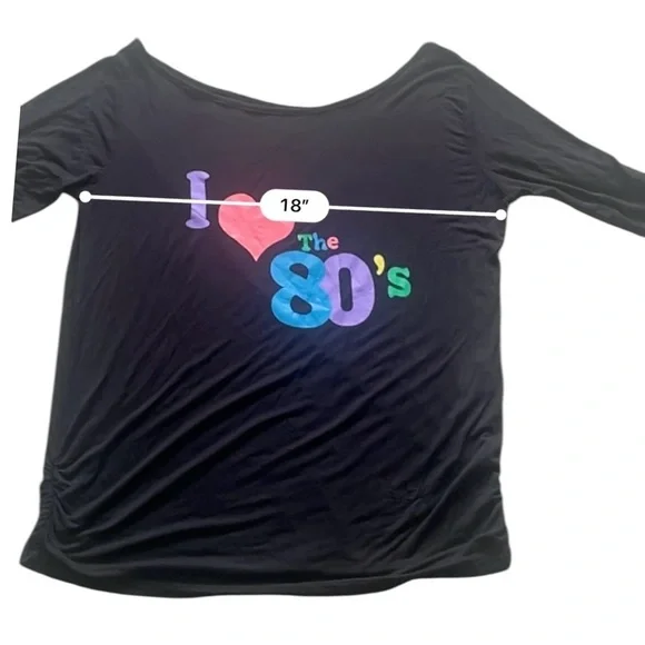 Vintage casual black top shirt L scooped neck line 3/4 ruched sleeve/hem graphic - Picture 7 of 12